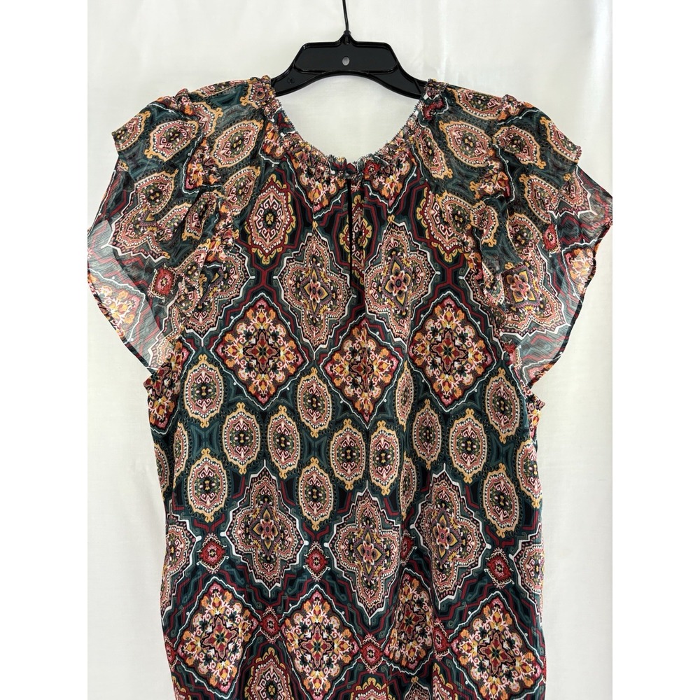 LOFT Women's Multicolor Geometric Flutter Sleeve Ruffle Round Neck Blouse L - Picture 2 of 3